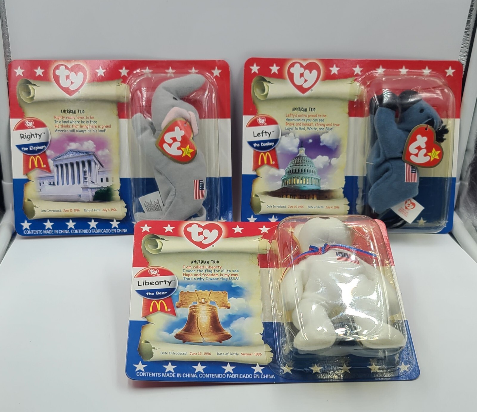 Ty American Trio Beanie Babies Bundle 1 Liberty 1 Righty 1 Lefty