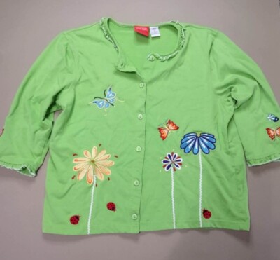 Sportelle Embroidered  Butterfly Flower Top Sz M Cottage Core Costal Grandma