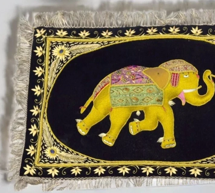 24"x12" Ornate Gold Floral Elephant Design Velvet Carpet with Hanging Home Decor - Image 4 of 4