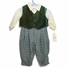 Carters Boys 3pc Plaid Overalls Jumpsuit Velvet Green Vest Collared Shirt 3M NWT