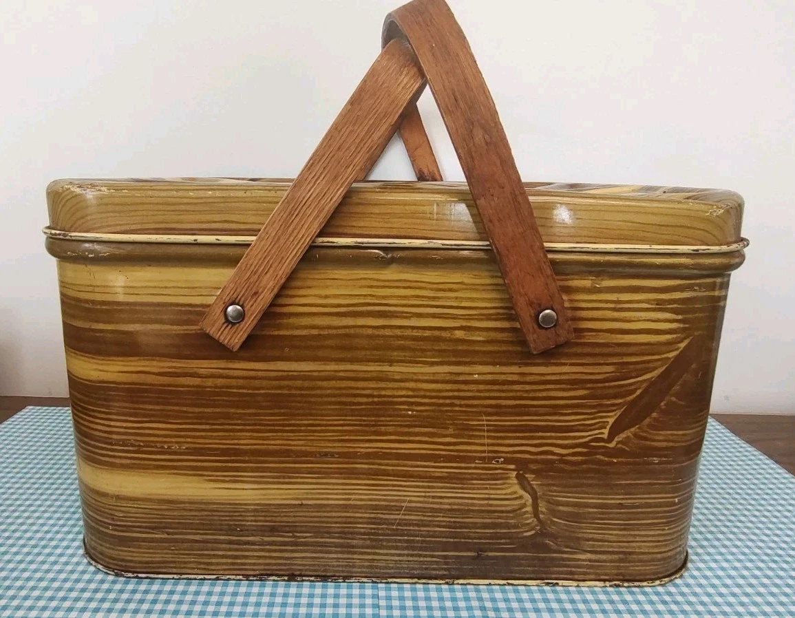 Vtg Tin Lunchbox Picnic Basket Bread Box W/2 Handles Vented Biscuit Woodgrain