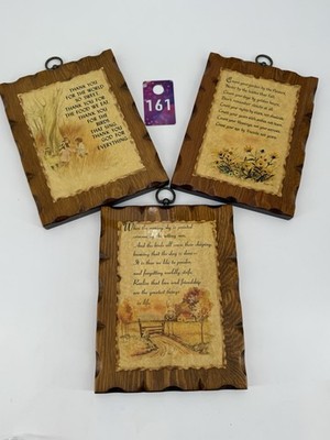 Set of three mid-20th century decorative wooden plaques with poems and art.