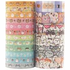 18 Rolls Cute Pets Washi Tape Set, Skinny Gold Decorative Masking Tapes