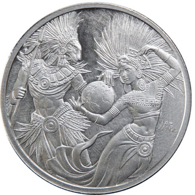 #ad Aztec Gods Duality 1 oz .999 Fine Silver Art Round in capsule $104.86
