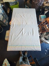 White Tablecloth w Thin Pastel Stripes 60"x46" Spring Stain Vintage