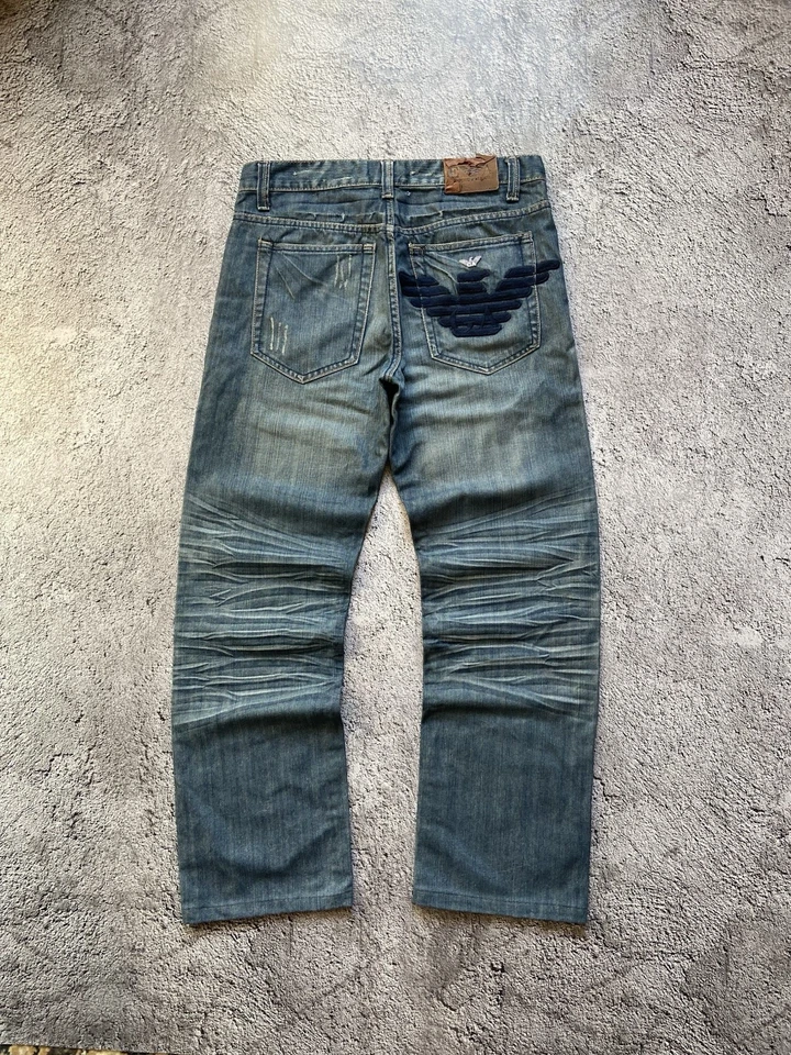 Pantalones de mezclilla Emporio Armani de colección bordados de metal águila lavado loco ropa de calle rara W33 Foto 4 de 4