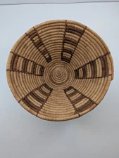 Vintage Primitive Boho Coil Basket Natural Grass Hand Woven Brown 10” W