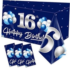 3 Pack Birthday Tablecloth Decoration for Boy, Navy Blue Happy Blue Silver 16th