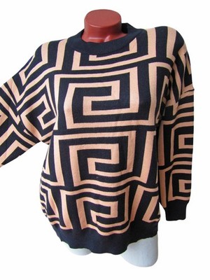 Oversize Pullover Pulli mit ALLOVER MUSTER 38 40 42 44 schwarz camel