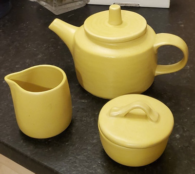 Barbara Eigen Crate & Barrel Matte Yellow Pottery 3 pc Tea set MCM Spring Summer