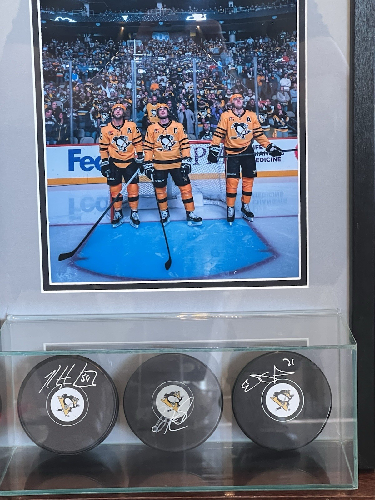 Crosby Malkin Letang Pittsburgh Penguins Autographed Framed Pucks w/ PSA BAS view 2