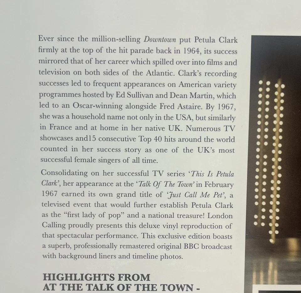 Petula Clark - Live At The Talk Of The Town 12" White Vinyl LP Record New Sealed - Image 3 of 4