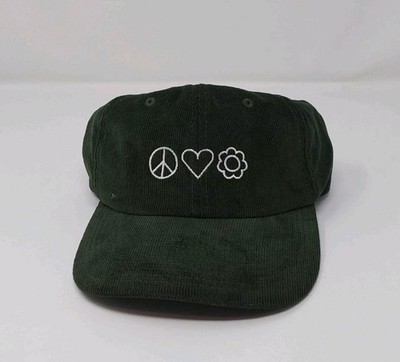 Beechfield Corduroy Dad Hat Peace Love Flower Cap Green Adjustable NWT