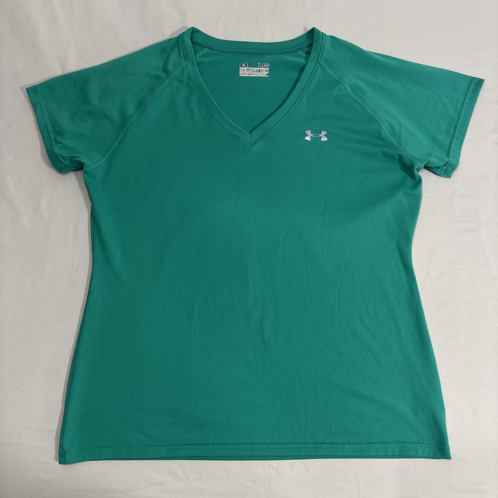 Under Armour Shirt Womens Heat Gear Semi-Fitted V-Neck Green Activewear ✅ Sz L