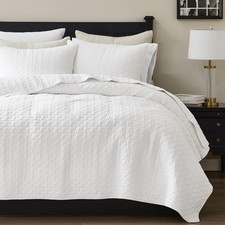 White 100 Cotton Quilt Queen Size Bedding Sets with 2 Pillow Shams Textured Li
