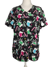 Elite Med Christmas Scrub Top Black V-Neck Size L Stockings Candy Canes Snowflak