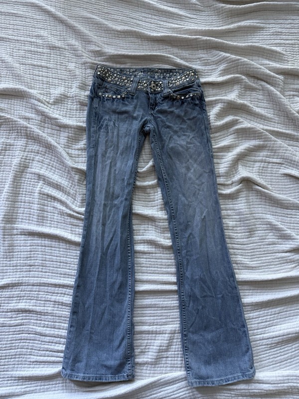 Miss Me Blue Jeans Womens Size 26 Studded Sequin Rhinestone Flap Pocket Low Rise