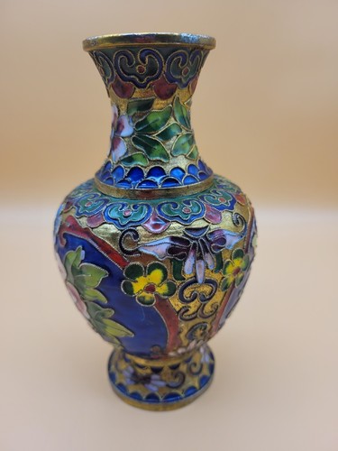 Vaso smaltato cloisonné 6" tono oro fiori rosa - Foto 2 di 11
