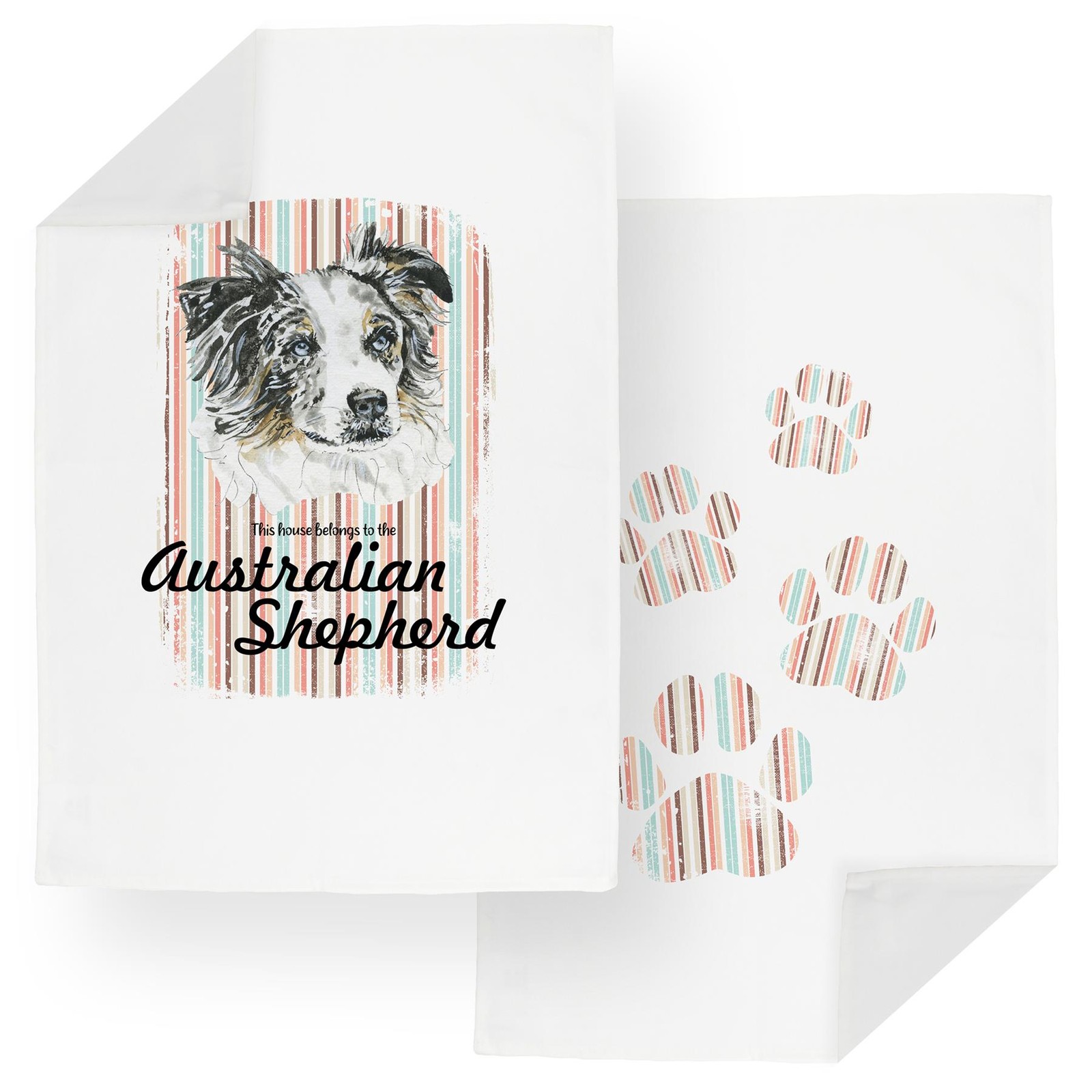 Australian Shepherd Tea Towel Set - Novelty Dogs & Paw Prints Kitchen Gifts
