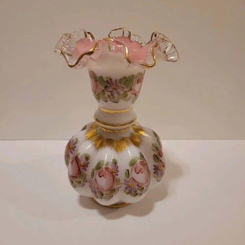 Vintage Fenton Charleton Peach Crest Melon Vase Roses Gold Trim