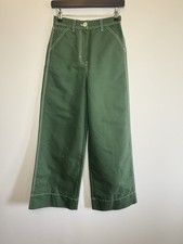 Arket Women's Trousers UK 8 Green 100% Cotton Wide-Leg Contrast Stitching