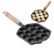 Cast Iron Aebleskiver Pan, 14 Holes Takoyaki Nonstick Cast Iron Ebelskiver Pa...