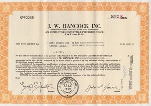 J. W. Hancock Inc. 1960 6% Cumulative Convertible Preferred  Stock.  50 shares