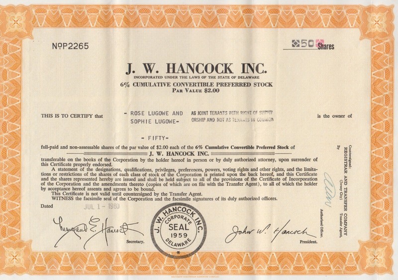 J. W. Hancock Inc. 1960 6% Cumulative Convertible Preferred  Stock.  50 shares