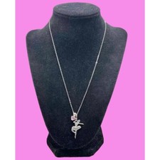Sterling Silver Ballerina Necklace 17" Heart Shape Pink Crystal  Chain 7596