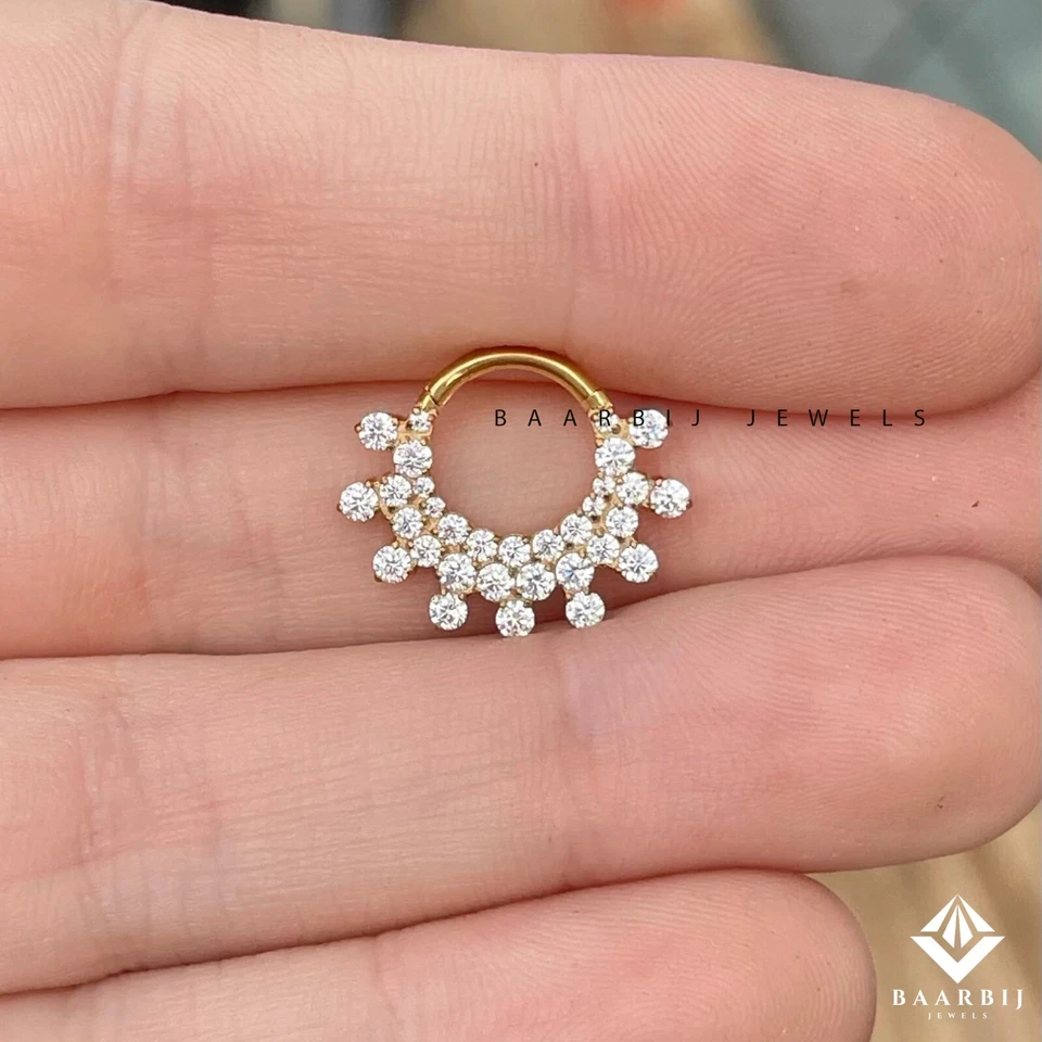 Three layer Septum 14K Gold with Natural Diamond Clicker Daith Piercing jewelry - Image 3 of 4