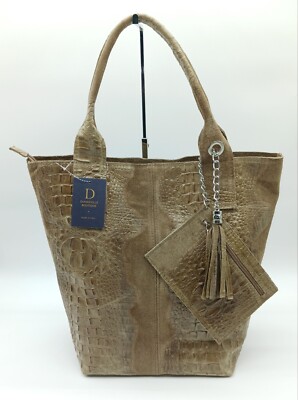Italian Leather Suede Croc Embossed Shoulder Bag Tote Made In Italy- Taupe  Brown