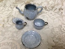Antique, 4-pc Gray Spotted Graniteware Enamelware Child's Dinner-Tea Set