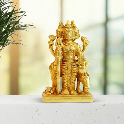 Brass Dattatreya Tridev God with Holy Cow Idol Statue Figurine 11 cm - Picture 1 of 6