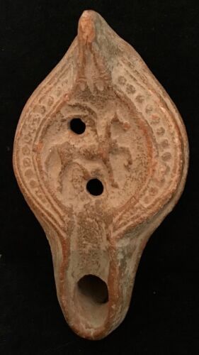 Antyczna rzymska terakotowa lampa naftowa z Ziemi Świętej z Pegazem - 100 AD - - Zdjęcie 1 z 7