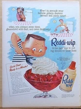 1953 magazine ad for Reddi Wip topping - happy boy eats dessert with Reddi Wip
