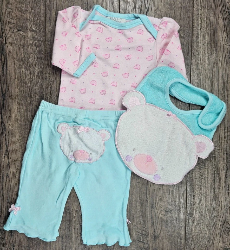 Baby Girl Clothes Bon Bebe 0-3 Month 3pc Pink Green Bear Outfit & Bib - Image 2 of 4