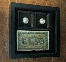 Two Authentic Greek Attica Owl Tetradrachms with Display Box and Greek Banknote