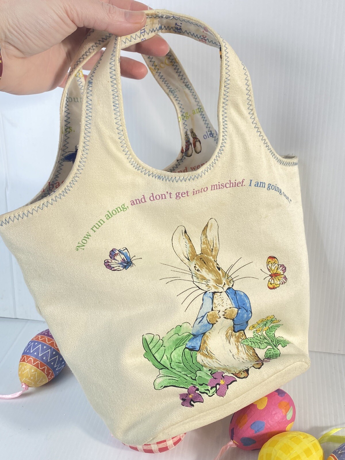 Royal Doulton Bunnykins Plate, Beatrix Potter Canvas Bunny Basket Tote Lot Eggs