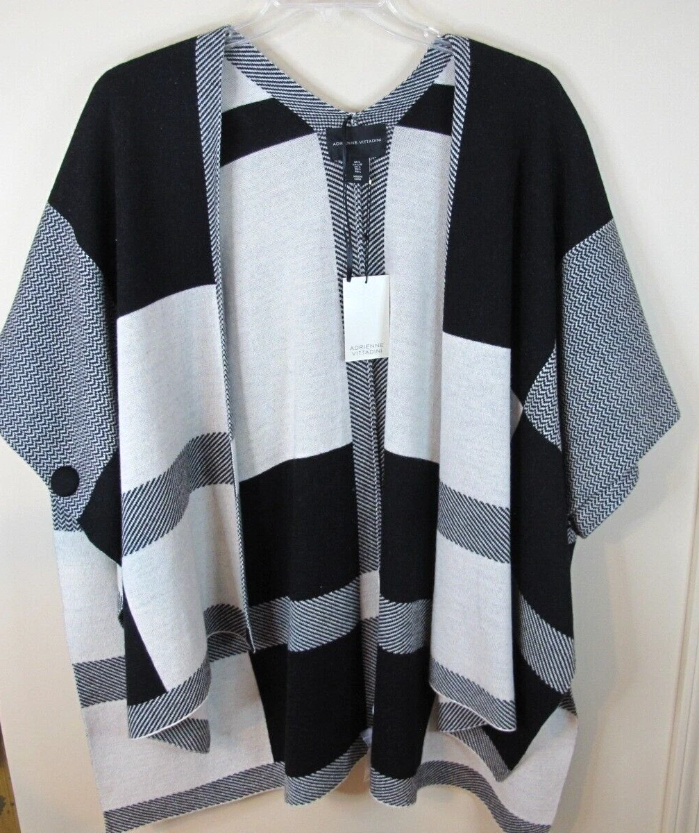 Adrienne Vittadini Wool Poncho Sweater Shawl Black & White Plaid Women's Large