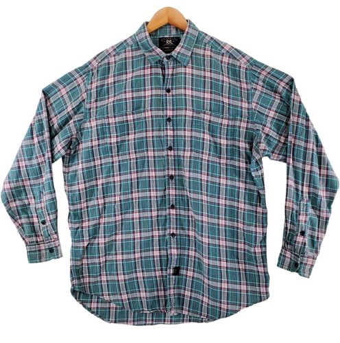 Ralph Lauren RR Double R LS Button Shirt Men L Flannel Check Plaid Green Wht Red