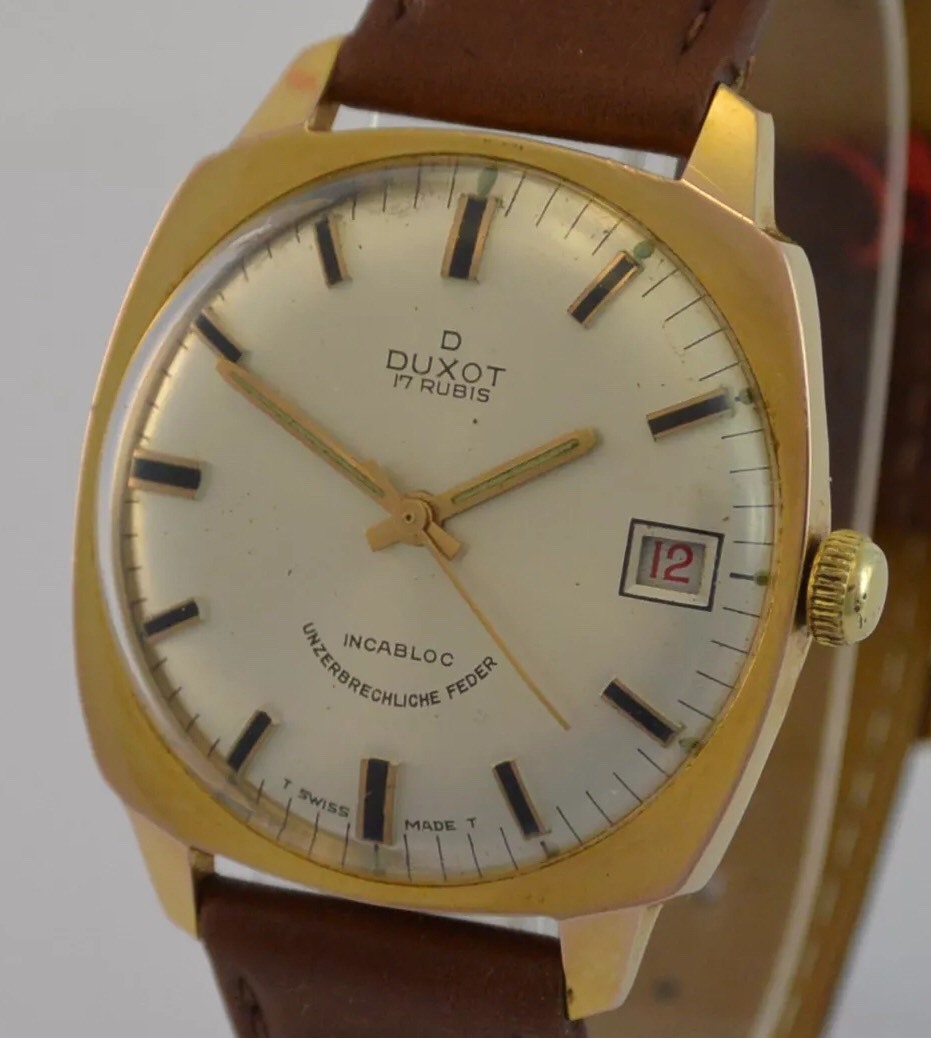 D DUXOT 17 Rubis Herrenuhr Handaufzug Edelstahl vergoldet Lederband
