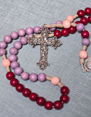 Red, Lavander, and Pink Rosary with Large Fleur de Lis Cross