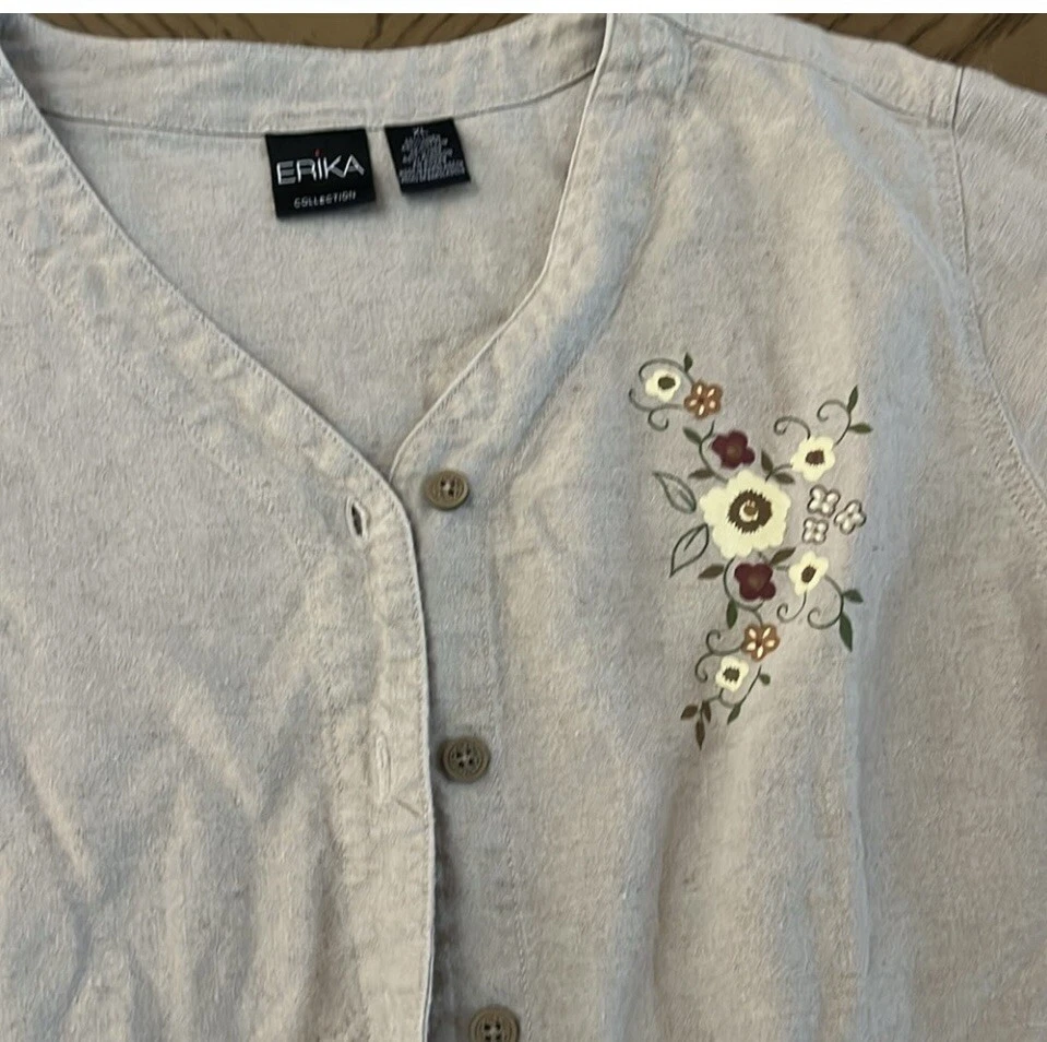 Vintage ERIKA Collection Linen Cotton Blend Floral Shirt Blouse Cream Button XL - Image 3 of 4