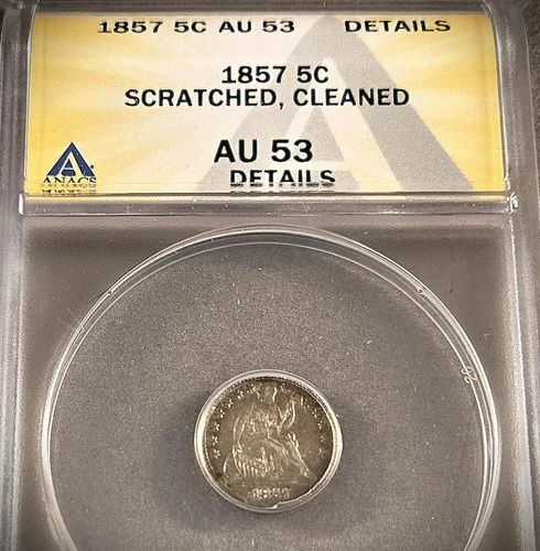 1857 SEATED LIBERTY 1/2 DIME ** ANACS AU-53 DETAILS ** (7507)