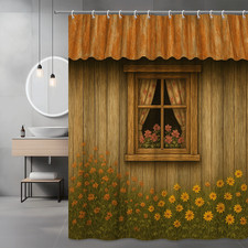 Rustic Floral Shower Curtain with Window and Flowers Design