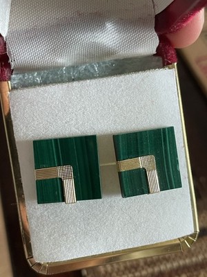Vintage Peter Brams 14K Solid Gold   Malachite Earrings 80s Art Deco !14k backs 