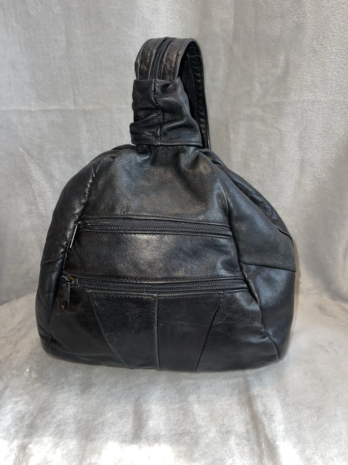 Black Leather Patchwork Backpack Purse Soft Leath… - image 1