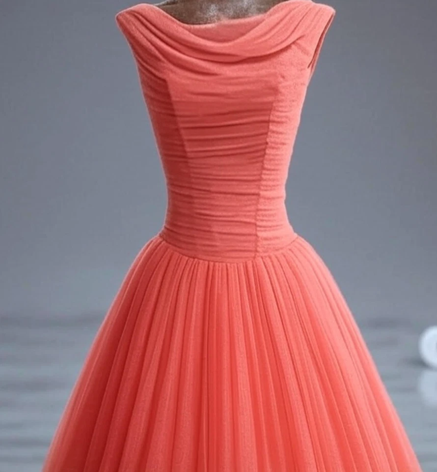 Vestido largo formal ajustado y acampanado de gasa melocotón vintage años 50 XS buen estado  Foto 3 de 4