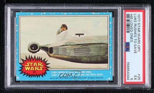 1977 OPC Star Wars #25 Luke rushes to save his loved ones — PSA 5