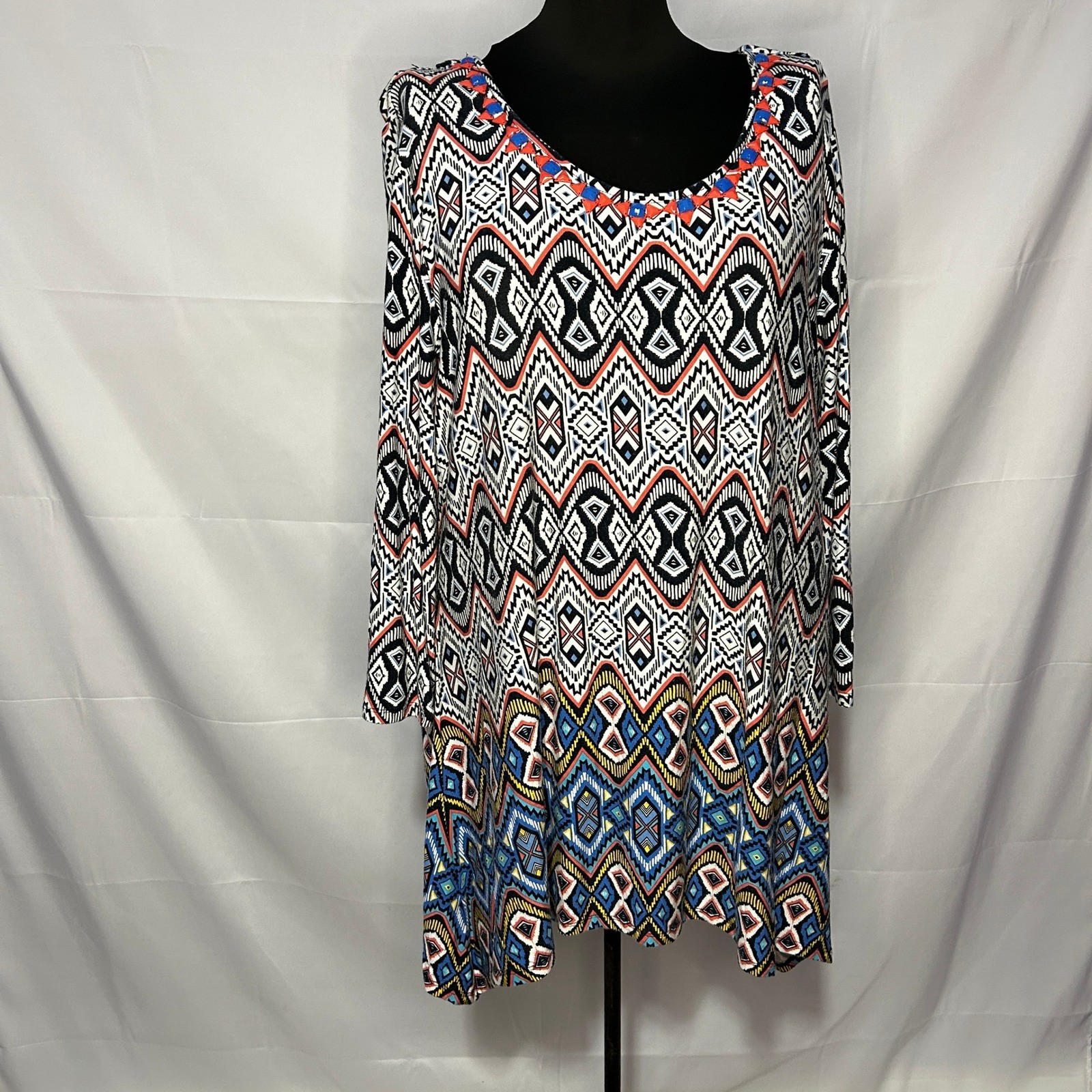 Ruby Rd Geometric Print Dress Embellished Beaded Neckline Long Sleeve Casual XL